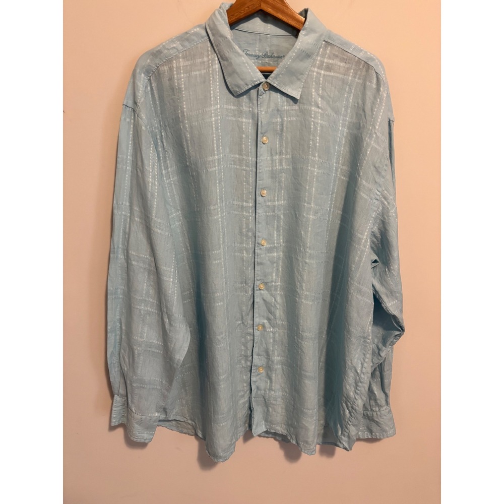 Tommy Bahama Mens XXL Blue 100% Linen Long Sleeve Windowpane Plaid Button Shirt
